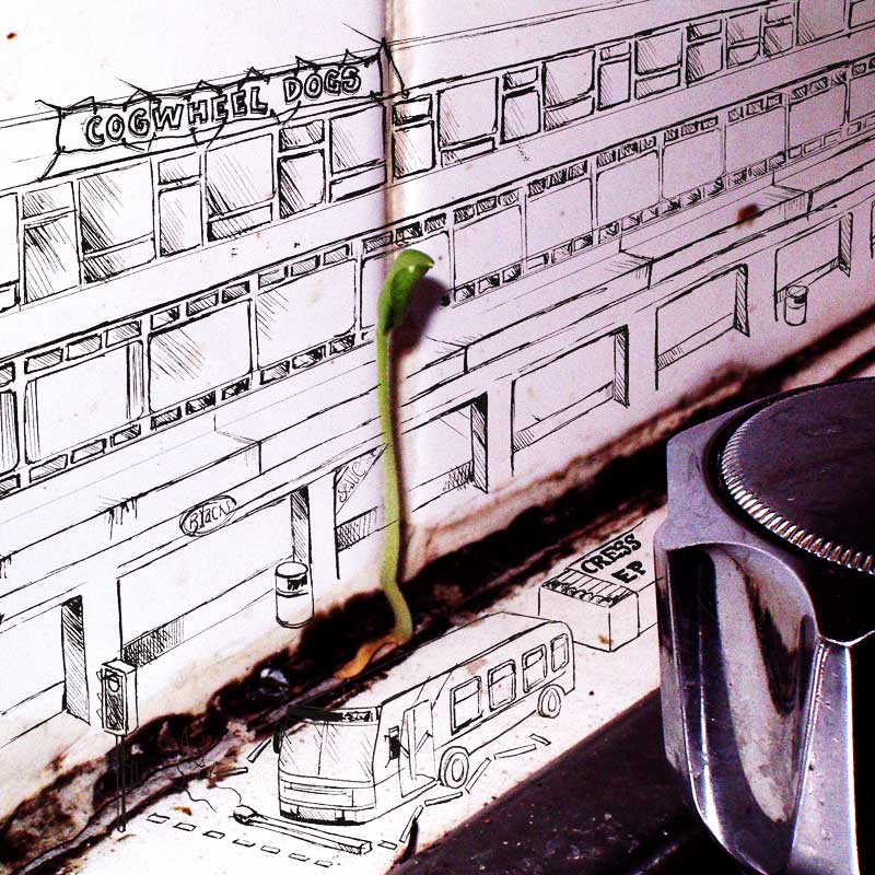 The cover of Cress EP: a photo of cress growing behind the kitchen sink is merged with a drawing of a bus, headlights and buildings